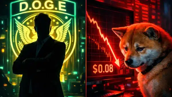 Illustration montrant le contraste entre les ambitions politiques d'Elon Musk (D.O.G.E) et la chute du cours du Dogecoin vers 0,08 $.