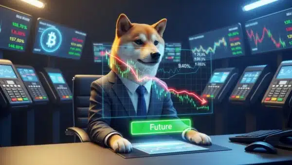 Illustration symbolisant le Dogecoin à la croisée des chemins entre baisse du prix et adoption future via les ETF.