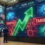 Graphique boursier illustrant le puissant rebond du Dow Jones propulsé par l'intelligence artificielle malgré les tarifs douaniers.