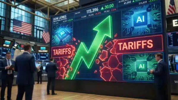 Graphique boursier illustrant le puissant rebond du Dow Jones propulsé par l'intelligence artificielle malgré les tarifs douaniers.