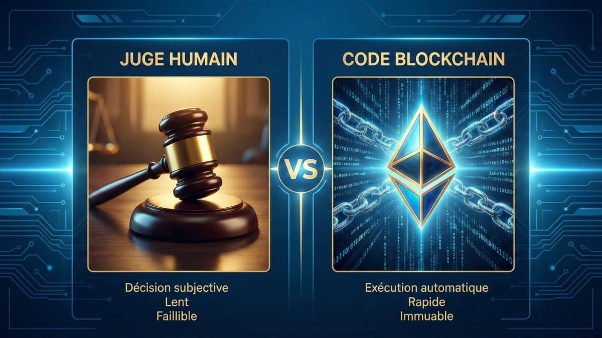 Comparaison visuelle entre le droit international traditionnel et les smart contracts décentralisés.
