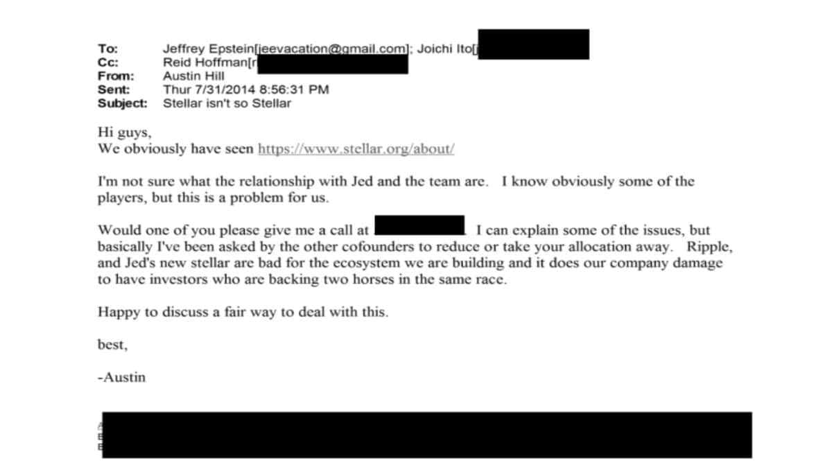 Capture d'écran du DOJ sur la publication des échanges d'emails entre Austin Hill Joichi Ito et Jeffrey Epstein
