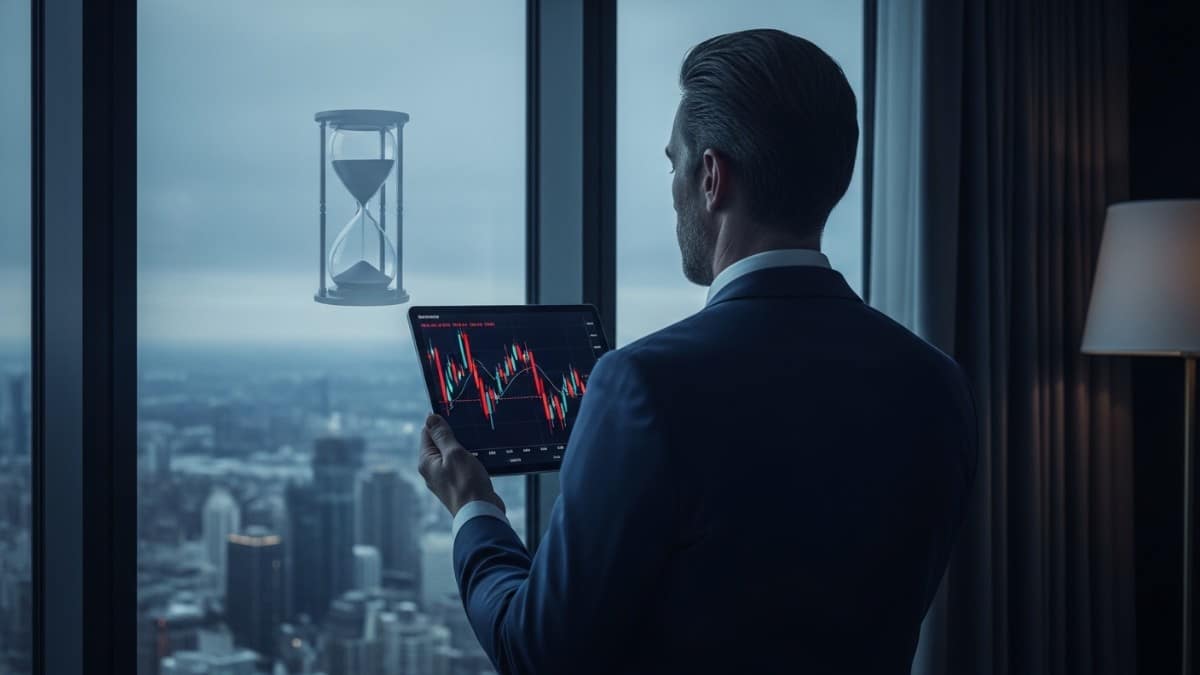 Illustration conceptuelle d'un trader opportuniste analysant la volatilité du Bitcoin, représentant le scepticisme de Jeffrey Epstein.