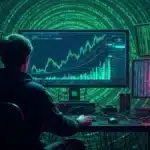 Illustration d'un hacker crypto tradant de l'Ethereum (ETH) sur des écrans multiples, symbolisant l'affaire Infini.