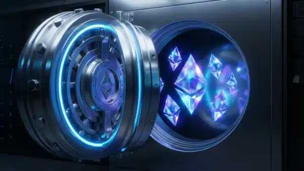 Ethereum digital vault with glowing crystals representing supply shock