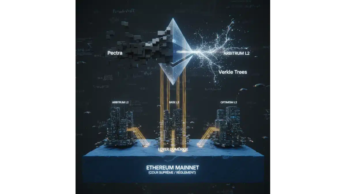 Illustration futuriste montrant la blockchain Ethereum comme une fondation massive supportant les villes actives des Layer-2 (Arbitrum, Base, Optimism) qui lui versent un loyer numérique pour le règlement final.