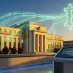 Illustration conceptuelle de la Réserve Fédérale injectant des liquidités, avec un impact potentiel sur le marché crypto et le Bitcoin.