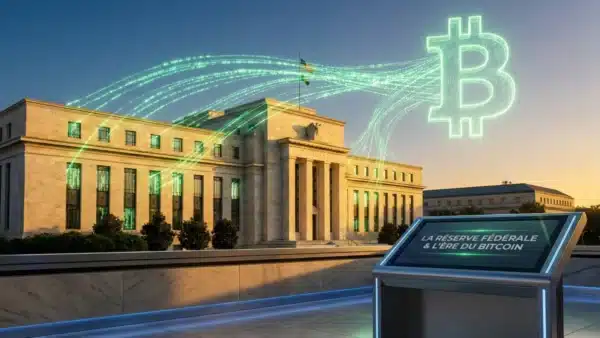 Illustration conceptuelle de la Réserve Fédérale injectant des liquidités, avec un impact potentiel sur le marché crypto et le Bitcoin.