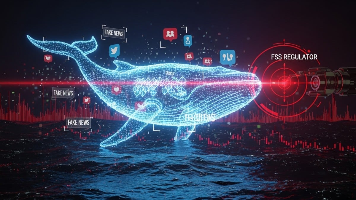 Illustration conceptuelle futuriste montrant un système de surveillance (FSS) ciblant une "baleine" numérique dans un océan de données financières et de fausses informations.
