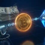 Illustration 3D montrant les différents types de crypto-actifs : Bitcoin, tokens utilitaires et stablecoins, reliés par une blockchain.