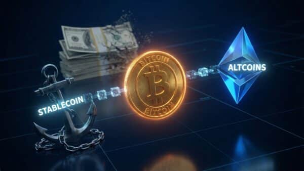 Illustration 3D montrant les différents types de crypto-actifs : Bitcoin, tokens utilitaires et stablecoins, reliés par une blockchain.