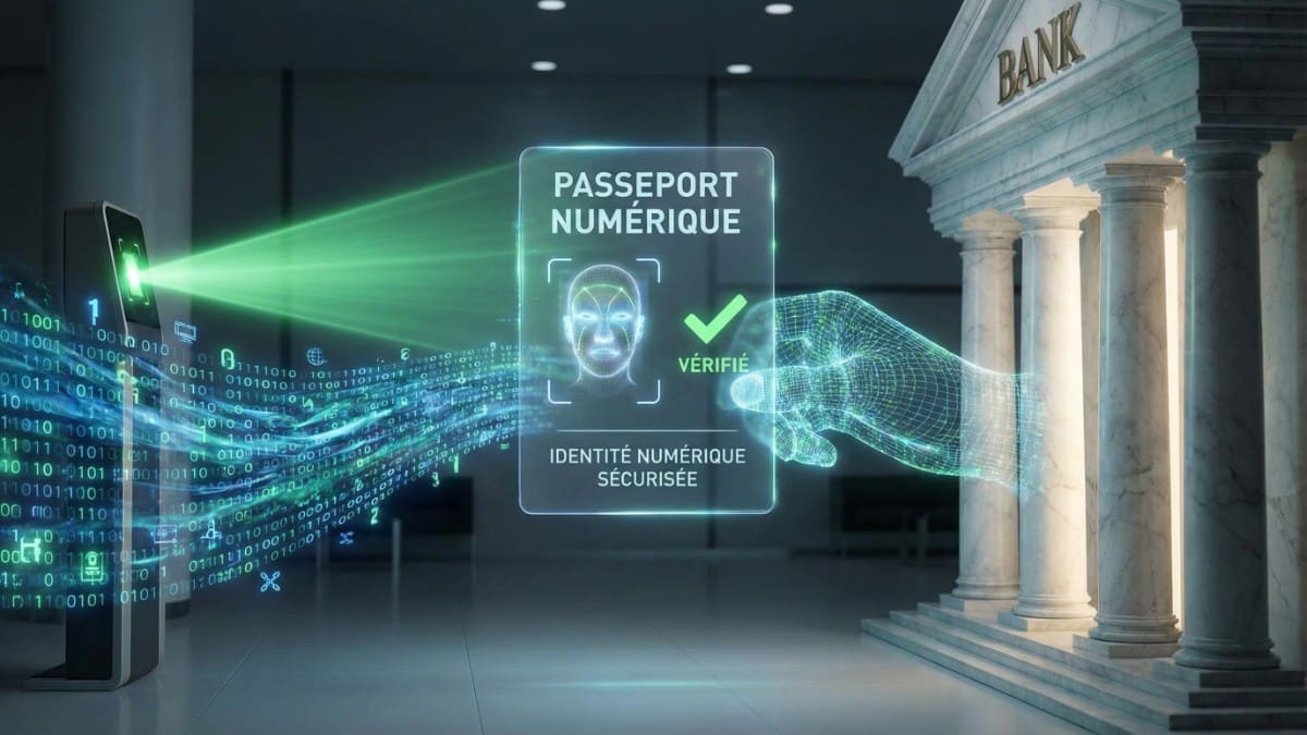 Illustration futuriste d'un passeport numérique scanné par un faisceau de sécurité, symbolisant le processus KYC reliant l'univers crypto à la légalité financière.