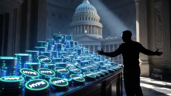 Illustration conceptuelle de la Hyperliquid Foundation investissant 29 millions de dollars en tokens HYPE pour le lobbying politique à Washington.