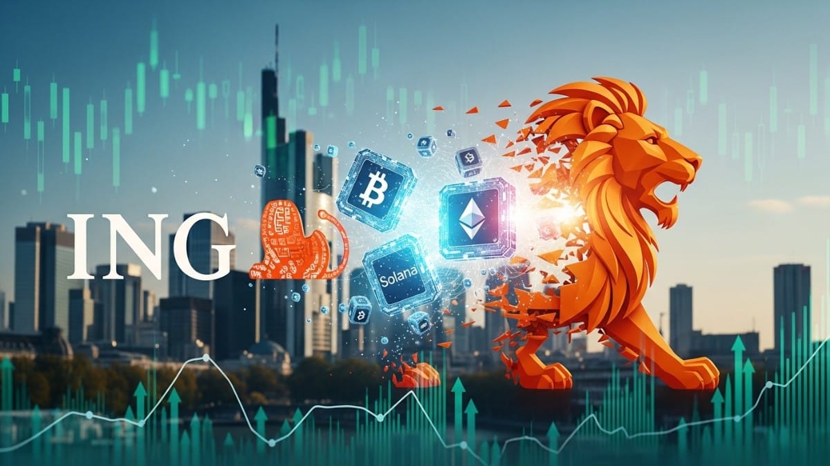 Illustration de l'offre crypto de la banque ING en Allemagne incluant Bitcoin, Ethereum et Solana.