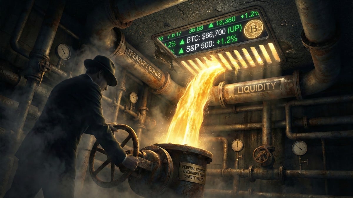 Illustration symbolique montrant la Réserve Fédérale injectant discrètement de la liquidité via le marché Repo dans la tuyauterie financière souterraine, soutenant ainsi le cours du Bitcoin et des actions en surface.