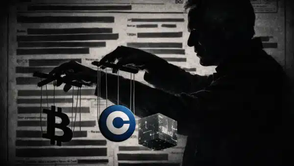 Illustration symbolique montrant l'influence cachée de Jeffrey Epstein sur l'écosystème Bitcoin et les grandes entreprises crypto.