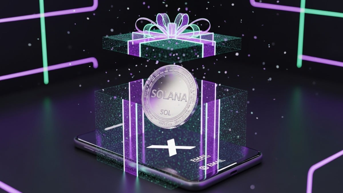 Illustration 3D d'une pièce Solana (SOL) flottant dans un coffret cadeau numérique au-dessus d'un smartphone, symbolisant le jeu-concours gratuit.