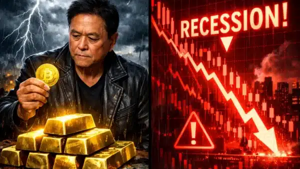 Illustration conceptuelle opposant la stratégie d'achat de Bitcoin de Robert Kiyosaki aux prévisions de krach boursier de Bloomberg.