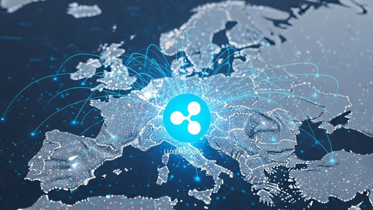 Illustration conceptuelle d'une carte de l'Europe où le Luxembourg agit comme un hub central connectant Ripple à l'ensemble des marchés financiers de l'Union.
