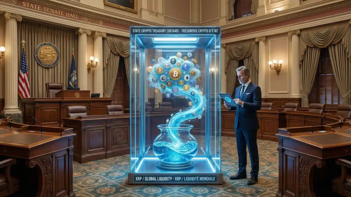 Illustration conceptuelle d'un Sénat américain approuvant la loi SB1649, montrant un coffre-fort d'État transformant des cryptomonnaies saisies en un fonds stratégique basé sur la liquidité mondiale.
