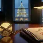 Illustration conceptuelle de la Maison Blanche imposant de nouvelles régulations strictes sur les rendements des stablecoins en 2026.