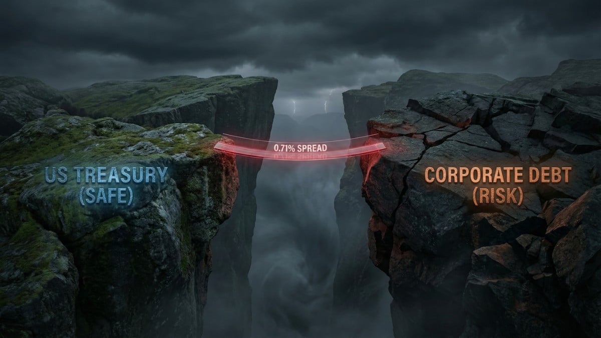 Illustration symbolique du marché obligataire montrant un écart critique de seulement 0,71 % entre les obligations d'entreprises et les bons du Trésor, rappelant la bulle de 1998.