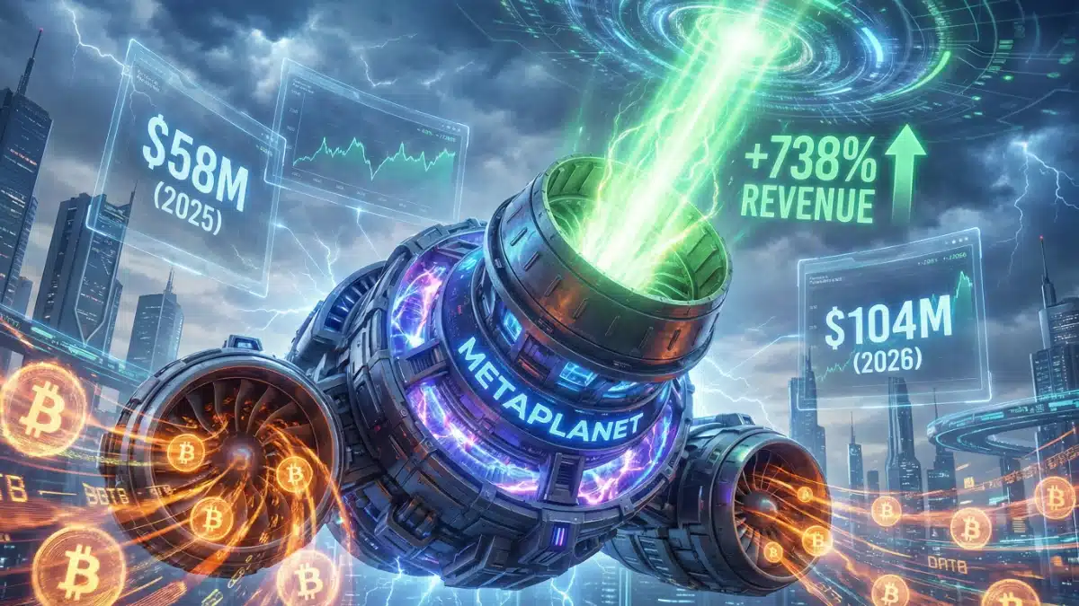 Illustration futuriste d'un moteur financier représentant la croissance de Metaplanet, propulsant le chiffre d'affaires de 738 % grâce aux options Bitcoin.