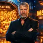 Illustration de Michael Saylor et de la société Strategy accumulant une réserve record de 717 131 Bitcoins en février 2026.