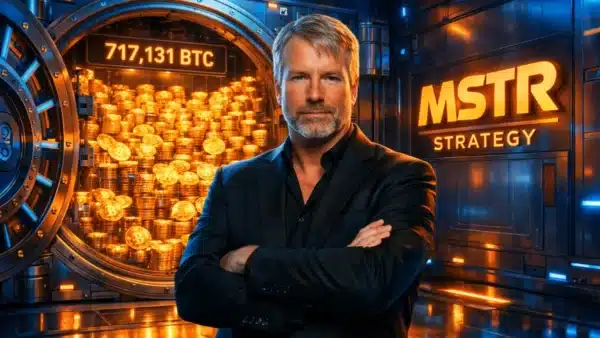 Illustration de Michael Saylor et de la société Strategy accumulant une réserve record de 717 131 Bitcoins en février 2026.