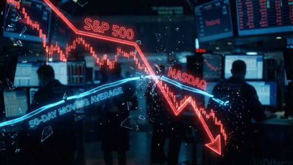 Graphique boursier illustrant la chute simultanée du Nasdaq indice et du SP500 sous leurs moyennes mobiles à 50 jours.