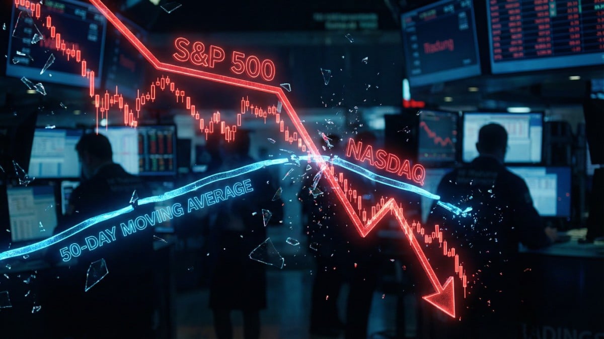 Graphique boursier illustrant la chute simultanée du Nasdaq indice et du SP500 sous leurs moyennes mobiles à 50 jours.