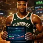 Giannis Antetokounmpo investit dans la plateforme de marché de prédiction Kalshi sur fond de graphiques boursiers.