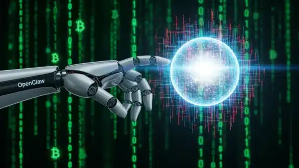 Illustration d'un agent d'intelligence artificielle OpenClaw corrompu par un malware visant des données crypto.