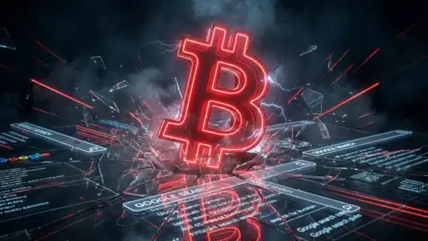Illustration de la panique sur Google suite au krach du Bitcoin en février 2026.