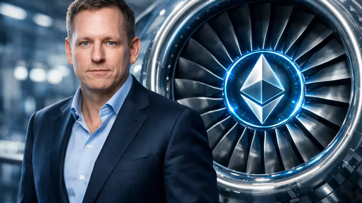 Illustration de la sortie de Peter Thiel d'ETHZilla et du passage a la tokenisation de moteurs d'avions sur Ethereum.