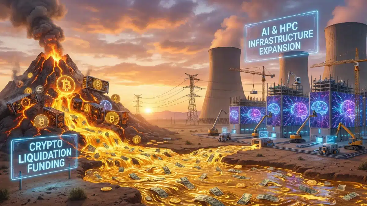 Illustration futuriste d'un paysage industriel montrant la liquidation d'actifs de minage de cryptomonnaies se transformant en flux financier pour construire d'immenses centres de données dédiés à l'intelligence artificielle et au calcul haute performance.