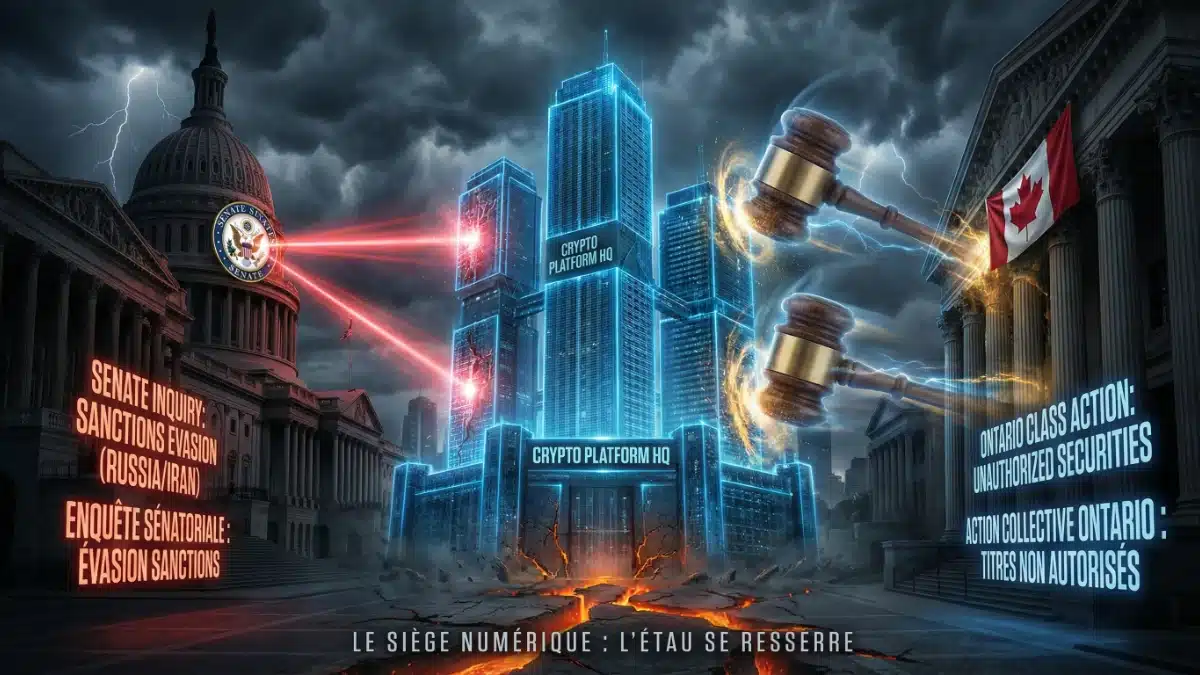 Illustration dramatique montrant une plateforme crypto assiégée par le Capitole américain et des tribunaux canadiens, symbolisant la pression réglementaire croissante et les enquêtes sur le contournement de sanctions.