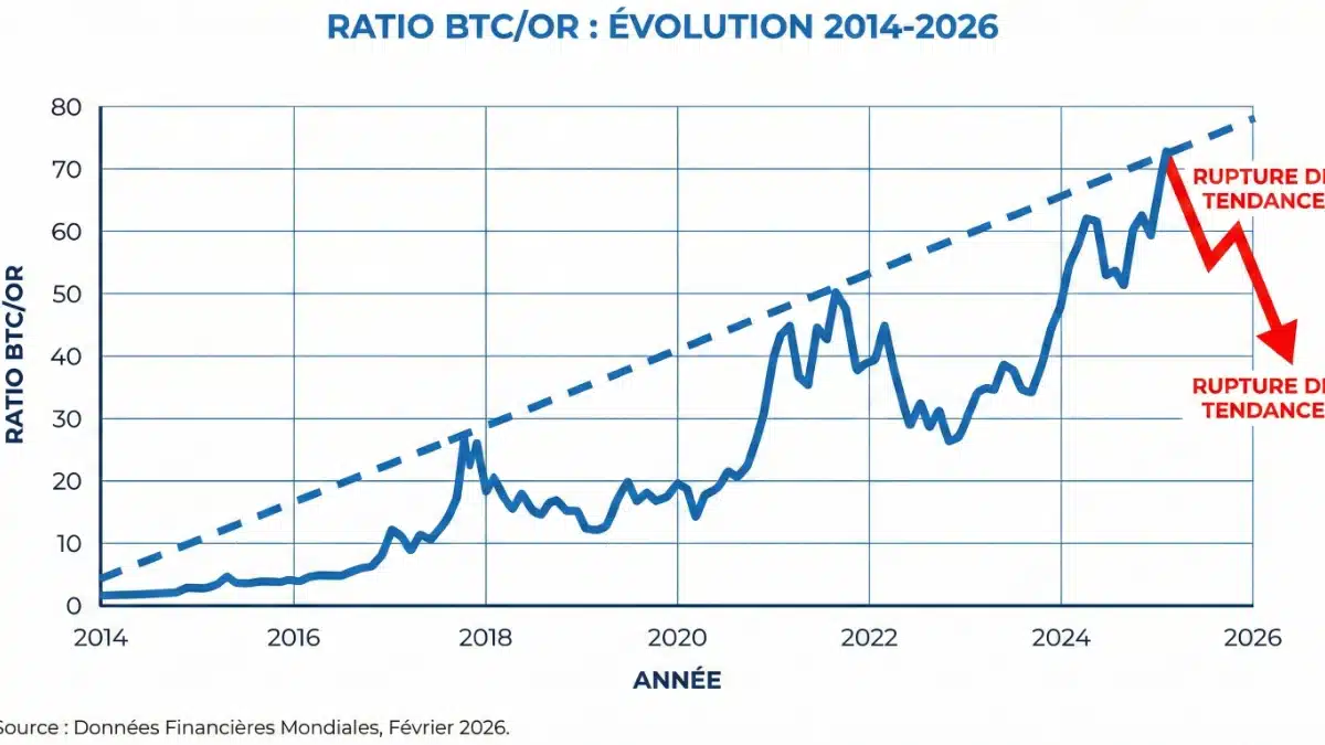 Graphique montrant la rupture de la tendance haussière du Bitcoin par rapport à l'or en 2026.