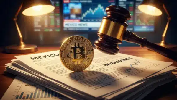 Illustration conceptuelle du litige financier entourant l'achat de Bitcoin par le milliardaire Ricardo Salinas via un pret adosse a des actions.