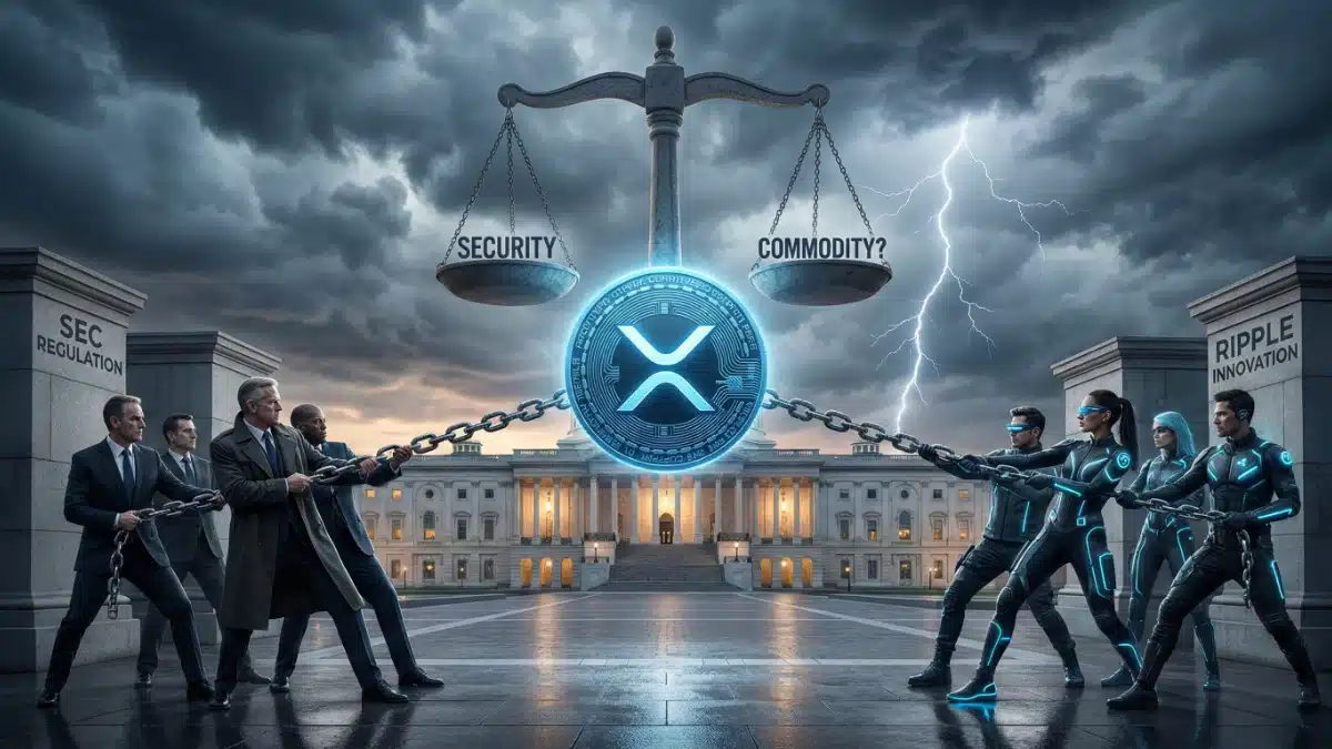 Illustration dramatique devant le Capitole américain montrant un bras de fer tendu entre la SEC et Ripple autour d'une pièce XRP géante, sous une balance de justice incertaine et un ciel orageux.