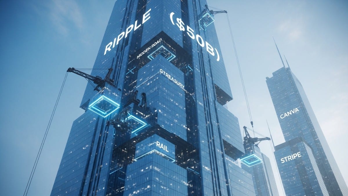Illustration futuriste montrant l'ascension de Ripple à 50 milliards de dollars, construisant son empire financier par l'intégration d'acquisitions majeures comme Hidden Road et GTreasury.