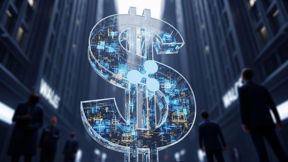 Illustration conceptuelle d'un dollar américain digitalisé soutenu par l'infrastructure de Ripple, symbolisant la vision du stablecoin RLUSD par Canary Capital.