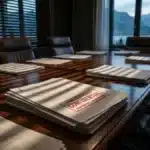 Illustration conceptuelle de documents judiciaires confidentiels sur une table de conseil d'administration bancaire, représentant le scandale financier.