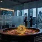 Illustration conceptuelle de la régulation officielle du casino crypto et des paiements en devises numériques par les autorités du Royaume-Uni.