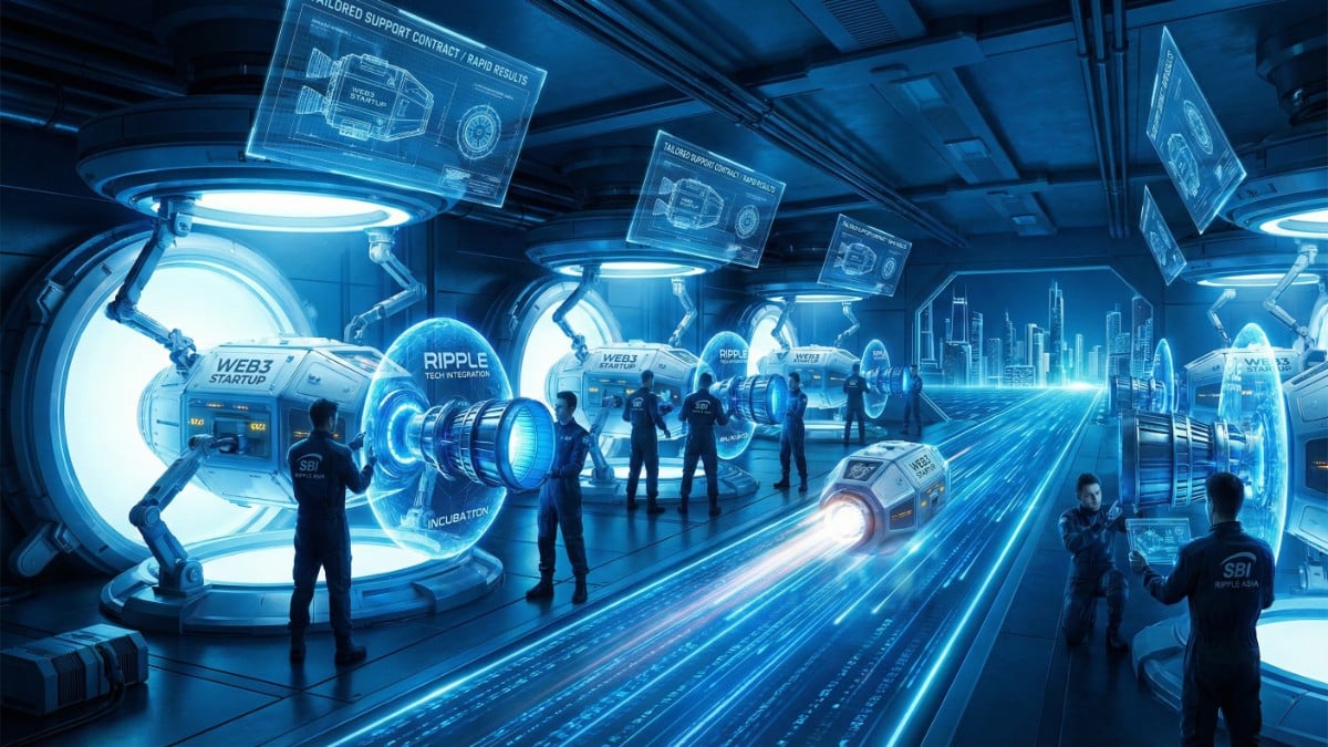 Illustration futuriste d'un hub d'accélération où des ingénieurs de SBI Ripple Asia et AWAJ équipent des startups Web3 avec la technologie Ripple, sous des écrans montrant des contrats sur mesure.