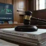 Illustration conceptuelle de la Cour Suprême (SCOTUS) examinant les tarifs de Donald Trump, avec une probabilité d'annulation de 74% selon Polymarket.