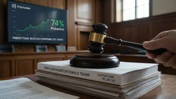 Illustration conceptuelle de la Cour Suprême (SCOTUS) examinant les tarifs de Donald Trump, avec une probabilité d'annulation de 74% selon Polymarket.