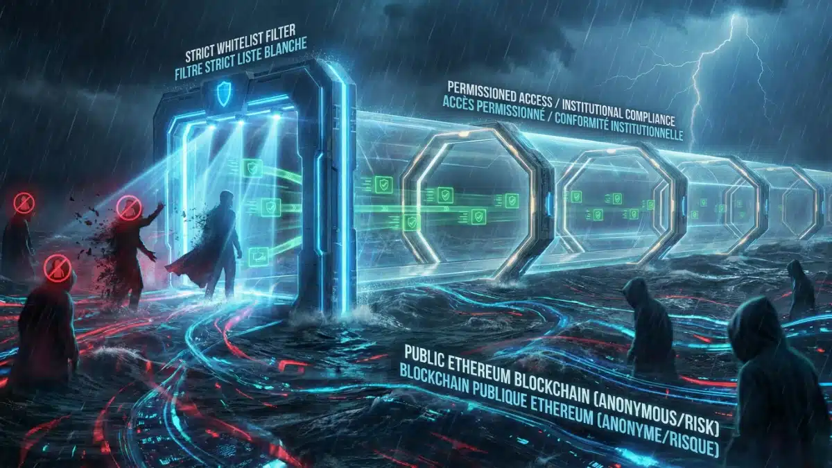Illustration futuriste montrant un corridor sécurisé et filtré (liste blanche) traversant l'environnement chaotique d'une blockchain publique, bloquant les accès anonymes pour garantir la conformité institutionnelle.