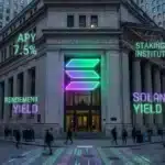 Illustration conceptuelle de l'intégration du réseau Solana à Wall Street grâce au dépôt d'un ETF lié au staking par le Nasdaq.