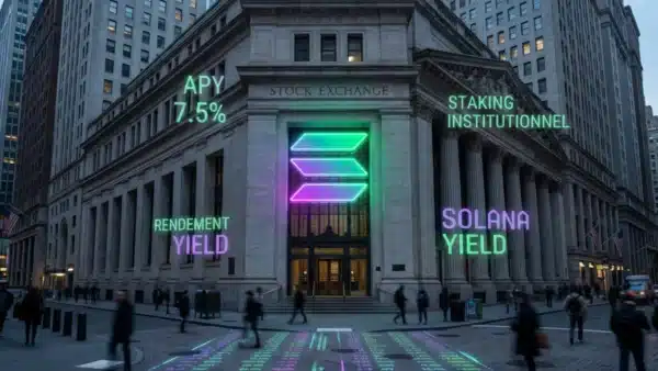 Illustration conceptuelle de l'intégration du réseau Solana à Wall Street grâce au dépôt d'un ETF lié au staking par le Nasdaq.